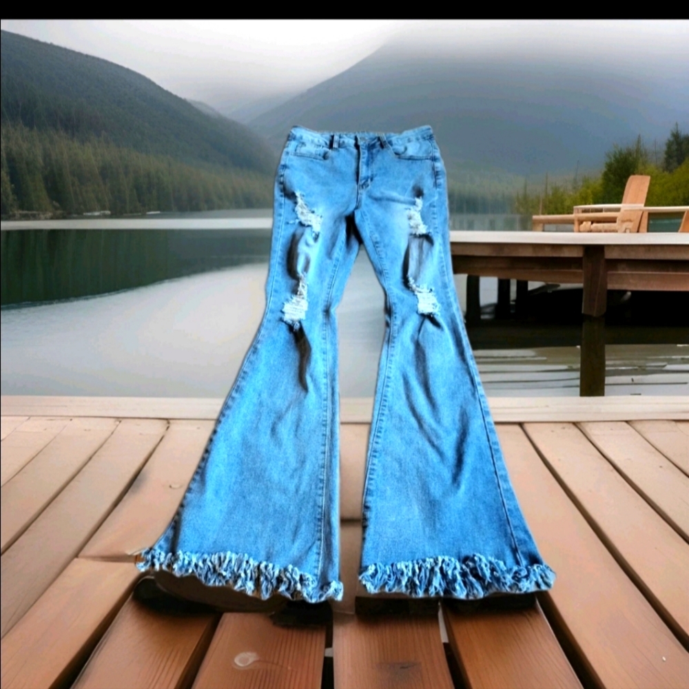Composition Flare Jeans  Distressed Blue Denim, Teen / Juniors Size 24" Waist.